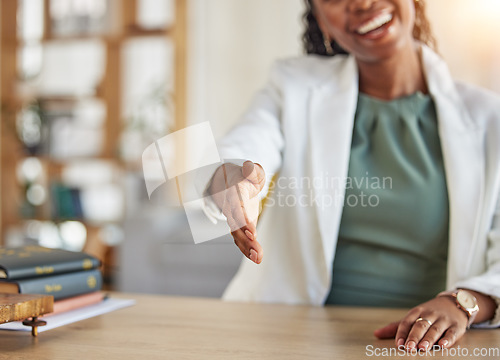 Image of Handshake, offer and closeup of woman for business networking, thank you or HR interview. Corporate worker stretching to shake hands for recruitment, welcome and meeting for onboarding, hello or deal