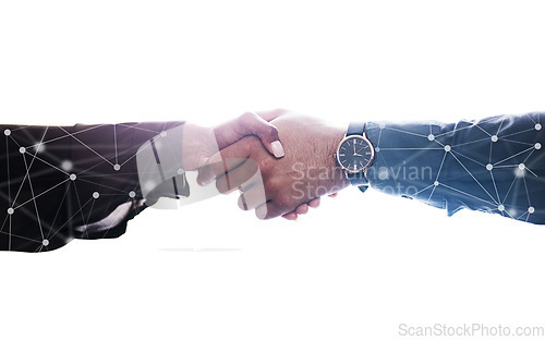 Image of Handshake, connection overlay and agreement for business, deal or contract in tech company by white background. Closeup, shaking hands and partnership for digital transformation, it and b2b hiring