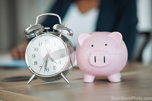 Image of Piggy bank, clock or business person writing financial info or budget for savings or investment in office. Time management, reminder blur or professional worker with notes for insurance or taxes