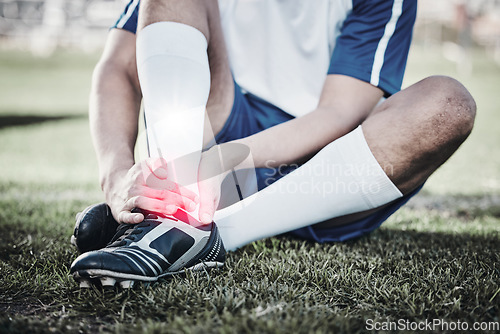 Image of Injury, soccer player or hand of a man on foot pain, emergency or accident in fitness training. Sports, problem or football athlete with muscle inflammation, broken leg or swollen ankle on field