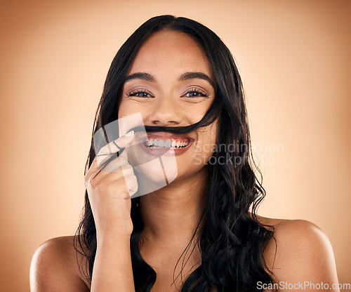 Image of Hair, mustache and portrait of woman in studio for wellness, salon aesthetic and healthy style. Haircare, hairdresser and face of female person with funny pose for natural beauty, texture and keratin