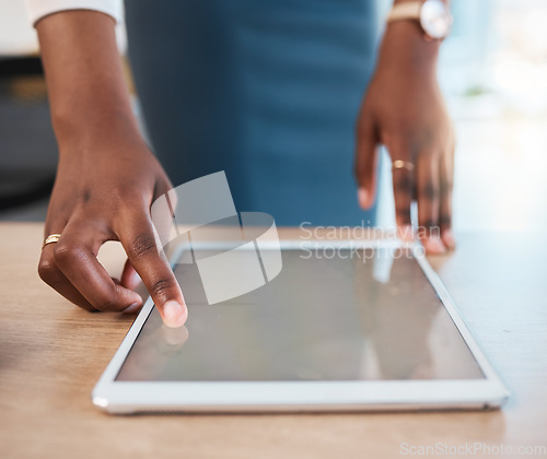 Image of Mockup, digital tablet and business woman with hand on screen in office for design, research or app development closeup. Finger, search and lady with space display for menu, survey or email marketing