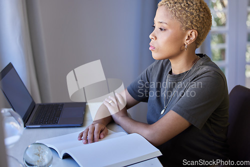 Image of Remote work, thinking and woman with book and laptop for brainstorming, planning or goal in home office. Creative, freelance and female writer with notebook for solution, idea or article inspiration