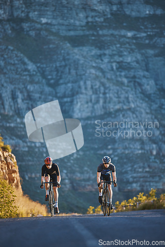 Image of Mountain, fitness and male athletes cycling on bicycles training for a race or marathon in nature. Sports, workout and men cyclists riding a bike for cardio exercise on an outdoor off road trail.