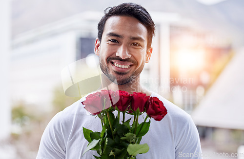 Image of Smile, portrait and man with bouquet of roses for date, romance and hope for valentines day. Love confession, romantic gift and happy male holding flowers outside in city for proposal or engagement.