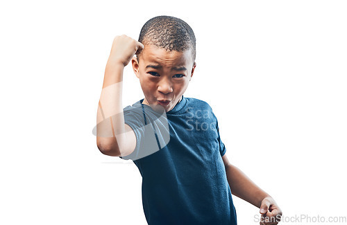 Image of Happy boy, portrait and fist in celebration for achievement standing isolated on a transparent PNG background. Little child, kid or teen in celebrate, winning or power for success, prize or bonus