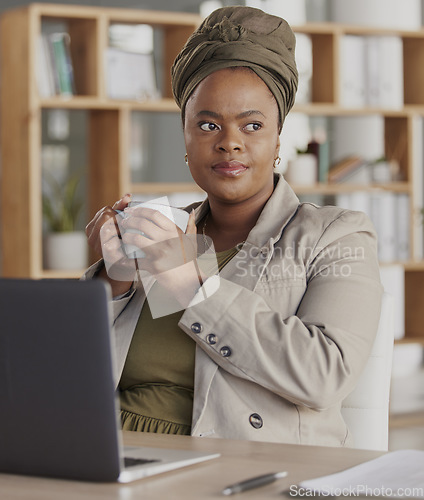 Image of Thinking, coffee and business black woman with laptop at desk for brainstorming, strategy and planning. Corporate, ideas and female person relax in workplace with beverage, caffeine and tea on break