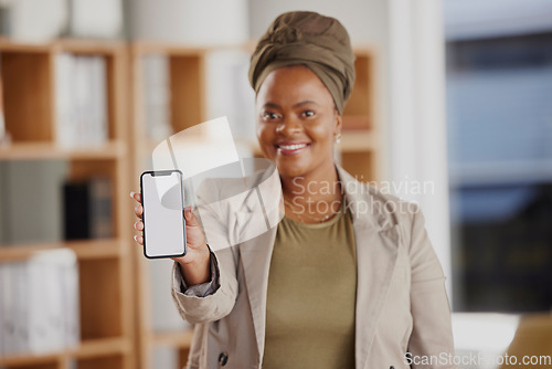 Image of Phone screen, mockup and black woman in business on mobile app, ux design or website space. Portrait of happy female worker with presentation of smartphone, mock up and advertising digital ui data