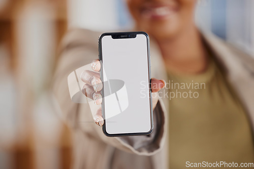 Image of Phone screen, mockup and hands of business person on mobile app, ux design or website space. Closeup of worker with presentation of smartphone tech, mock up and advertising contact of digital ui data