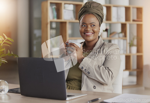 Image of Thinking, coffee and happy business black woman with laptop for brainstorming, ideas and planning. Corporate, African and female person relax in workplace with beverage, caffeine and tea on break