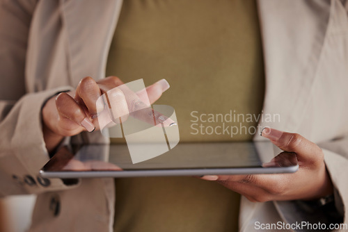 Image of Business woman, hands or scroll on tablet for planning research, company data or internet information. Closeup of female worker with digital technology for online network, website or user application