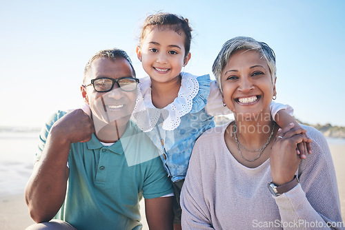 Image of Beach, happy and portrait of grandparents with child for bonding, quality time and relax in nature. Family, love and happy grandfather and grandma with girl by ocean on holiday, vacation and travel