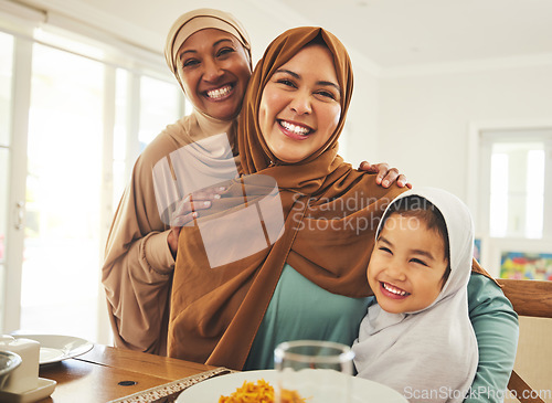 Image of Food, happy and muslim with portrait of big family at table for eid mubarak, Islamic celebration and lunch. Ramadan festival, culture and iftar with people at home for fasting, holiday and religion