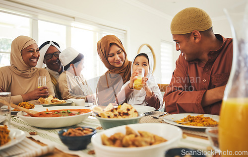 Image of Food, love and muslim with big family at table for eid mubarak, Islamic celebration and lunch. Ramadan festival, culture and iftar with people eating at home for fasting, islam and religion holiday