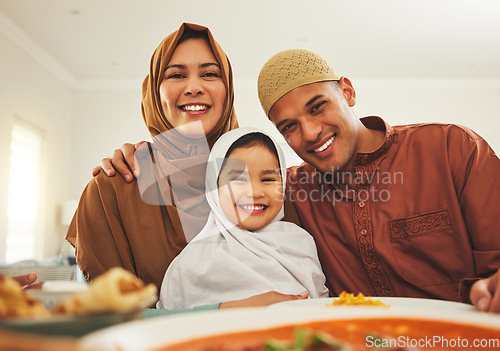 Image of Food, happy and muslim with portrait of family at table for eid mubarak, Islamic celebration and lunch. Ramadan festival, culture and iftar with people eating at home for fasting, religion or holiday