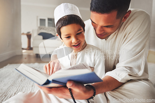 Image of Quran, Muslim dad or happy child praying for worship, muslim pray and faith in Allah, god or holy spirit. Child development, home family or Islam father teaching boy, study and reading spiritual book