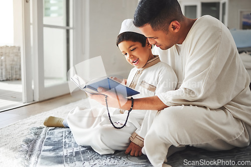 Image of Quran, Muslim and father and happy kid praying to Allah, god or holy spirit for Arabic religion, faith and reading spiritual book. Prayer beads, home family study and Islamic dad teaching youth child