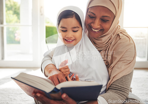 Image of Quran, Muslim child or happy grandmother reading for learning, Islamic knowledge and hope in Allah, god or culture. Religion book, home or senior Arab woman teaching kid worship, respect or gratitude