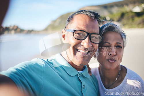 Image of Senior couple, beach selfie and portrait with smile, pouting lips and happy for vacation, summer and memory. Mature man, woman and outdoor with photography, profile picture and ocean for social media