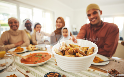 Image of Food, offer and muslim with big family at table for eid mubarak, Islamic celebration and lunch. Ramadan festival, culture and iftar with people eating at home for fasting, islam and religion holiday