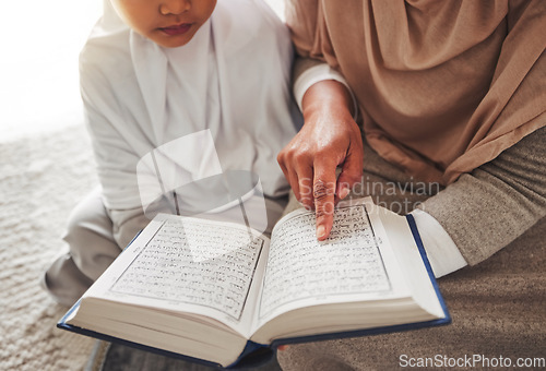 Image of Quran, Muslim child or parent hands reading for learning, Islamic knowledge and faith in Allah, god or culture. Spiritual books, home closeup or Arab person teaching kid worship, prayer or gratitude