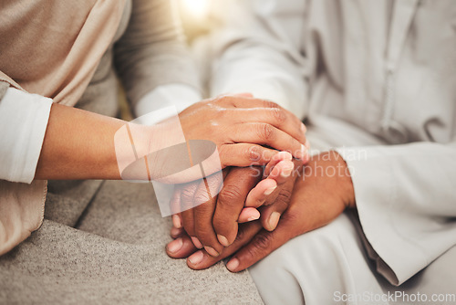 Image of Holding hands closeup, support and empathy, care and love, solidarity and trust with couple in relationship. Help, comfort and bonding with commitment, people together in partnership and marriage