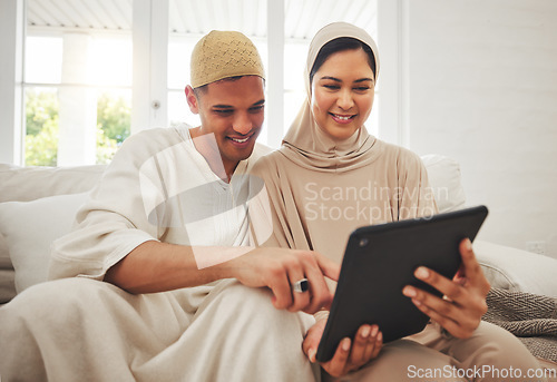 Image of Love, Muslim or elderly couple reading tablet information, online shopping or scroll on social media app. Streaming media, Islamic home or Arab man, woman and happy senior people watch internet video