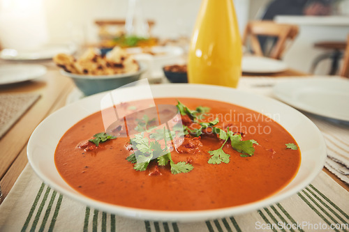 Image of Food, Eid Mubarak and closeup of soup at table for Islamic celebration, festival and lunch together. Ramadan, religion and gourmet meal, fine dining and cuisine for fasting, holiday and culture