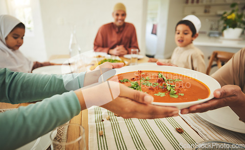 Image of Food, curry and muslim with hands of family at table for eid mubarak, Islamic celebration and lunch. Ramadan festival, culture and iftar with closeup of people at home for fasting, islam or religion