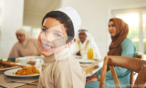 Image of Food, portrait and child with big family and muslim holiday for eid mubarak, Islamic celebration and lunch. Ramadan festival, culture and iftar with people at home for fasting, islam and religion