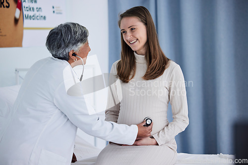 Image of Stethoscope, pregnant woman and doctor in hospital consultant, gynecology services and listening for baby. Mother stomach, abdomen and pregnancy with medical gynecologist or people for clinic support