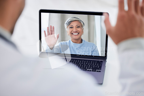 Image of Video call, screen and doctor for virtual support, clinic consultation and healthcare service on laptop. Happy senior patient, medical worker or people wave hello on laptop, telehealth help or advice