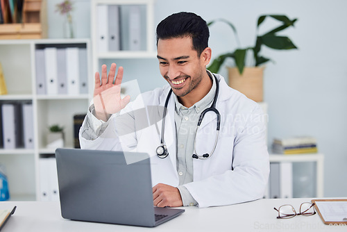 Image of Video call, doctor and man wave in online meeting, virtual support or clinic and healthcare service on computer. Happy medical worker or asian person on laptop, telehealth help and advice in office