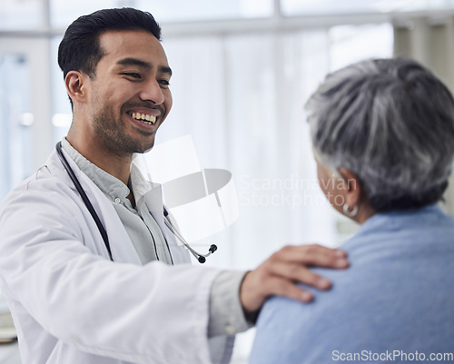 Image of Happy asian man, doctor and patient for consultation, checkup or healthcare appointment at the hospital. Male person or medical professional consulting woman for health advice or help at the clinic