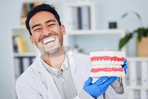 Image of Happy asian man, dentist and teeth for dental care, veneers or healthcare at hospital. Portrait of male person or medical expert with big smile in happiness for oral, mouth and gum health at clinic