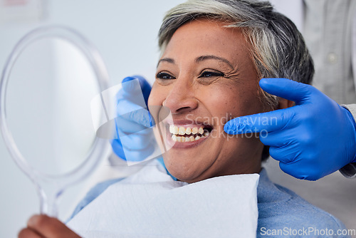 Image of Senior woman, teeth and smile for dentist in dental care, appointment or checkup at the clinic. Happy elderly female person smile for tooth whitening, cleaning or oral, mouth and gum care at hospital