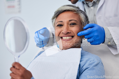 Image of Happy senior woman, teeth and dentist for dental care, appointment or checkup at clinic. Portrait of elderly female person smile for tooth whitening, cleaning or oral, mouth and gum care at hospital