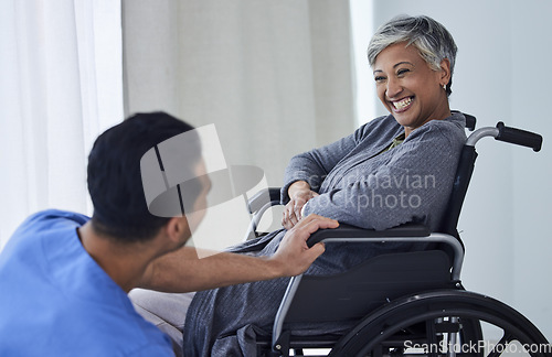 Image of Doctor, wheelchair and happy woman with support, healthcare service and medical kindness or nursing. Nurse, caregiver and people laugh or senior patient with disability, consulting or helping at home