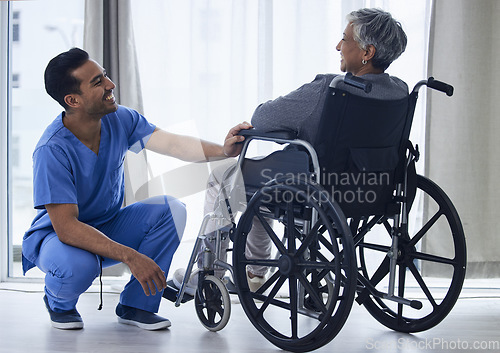 Image of Nurse, wheelchair and happy woman with support, healthcare service and medical kindness or nursing. Doctor, caregiver and people laugh or senior patient with disability, consulting or helping at home