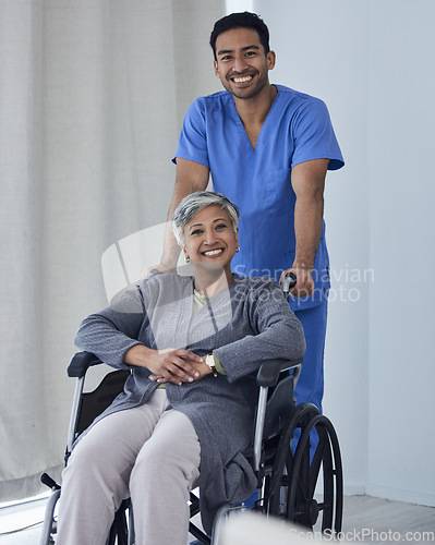 Image of Happy male nurse, woman with disability in wheelchair and medical trust for wellness, support and healthcare. Portrait of patient, caregiver and man smile for rehabilitation service in nursing clinic