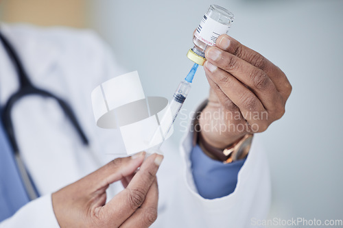 Image of Woman, hands and doctor with syringe in vial for cure, vaccine or medication at hospital. Closeup of female person, medical or healthcare professional with needle, drug or sample for dosage at clinic