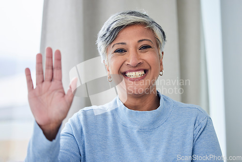 Image of Wave, smile and portrait of old woman and video call for communication, contact and social media. Hello, happy and networking with face of senior person at home for profile picture and retirement