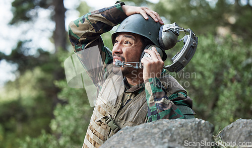 Image of Military, soldier talking on a radio and communication with leadership in war or officer in army training with technology in emergency. Contact, control room and discussion of conflict or battlefield