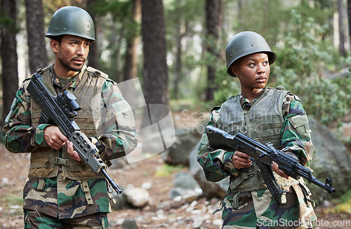 Image of Gun, army and people in forest for training, outdoor shooting range and military exercise, mission and focus. Rifle, soldier teamwork or warrior man and woman at learning academy in woods or nature