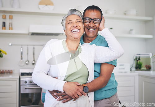 Image of Hug, love and smile with portrait of old couple for support, happy and relax. Happiness, kindness and peace with senior man and woman laughing at home for embrace, trust and retirement together