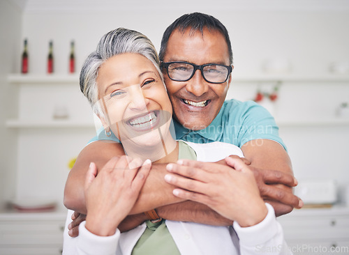 Image of Hug, love and happy with portrait of old couple for support, smile and relax. Happiness, kindness and peace with senior man and woman laughing at home for embrace, trust and retirement together