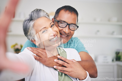 Image of Selfie, face and old couple, love and memory with happiness, bonding and care with man and woman at home. Portrait, hug and smile in picture, social media post and happy people with photography