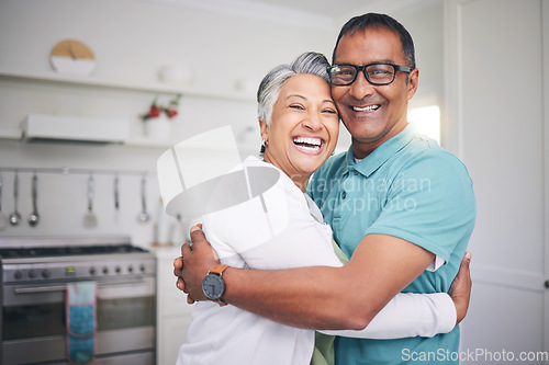 Image of Happy, hug and smile with portrait of old couple for support, love and relax. Happiness, kindness and peace with senior man and woman in embrace at home for marriage, trust and retirement together