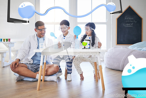 Image of Family, science and father with kids in living room with balloon for chemistry, reaction or experiment. Physics, test and parent with children in lounge and bottle for learning, analysis and teaching