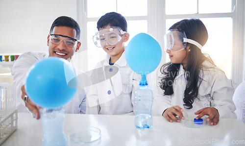 Image of Family, science and father with kids in a laboratory with balloon for chemistry, reaction or experiment. Physics, test and parent with children in lab with bottle for learning, analysis and teaching